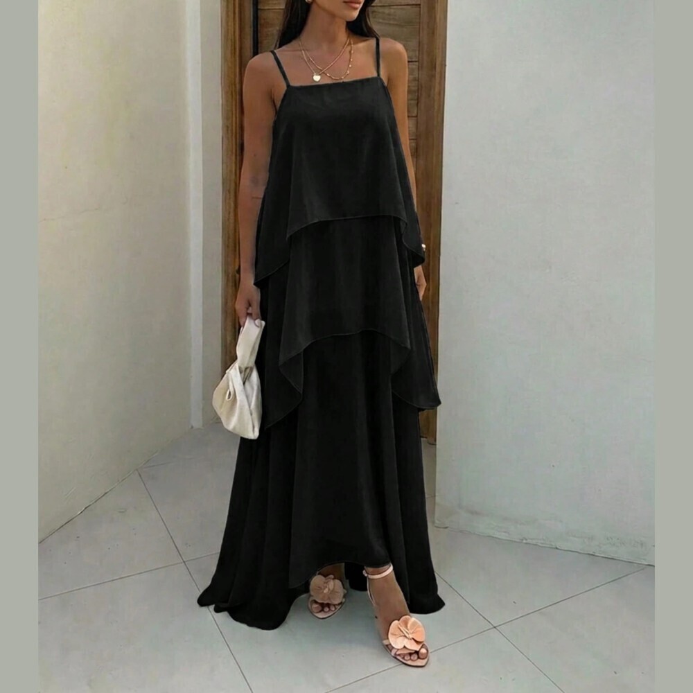 Black Sheer Chiffon Tiered Ruffle Spaghetti Strap Square Neck Maxi Dress